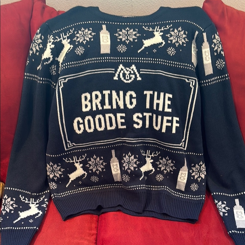 Murphy Goode Wine Navy Blue Tacky Ugly Holiday Sweater White Reindeer Design